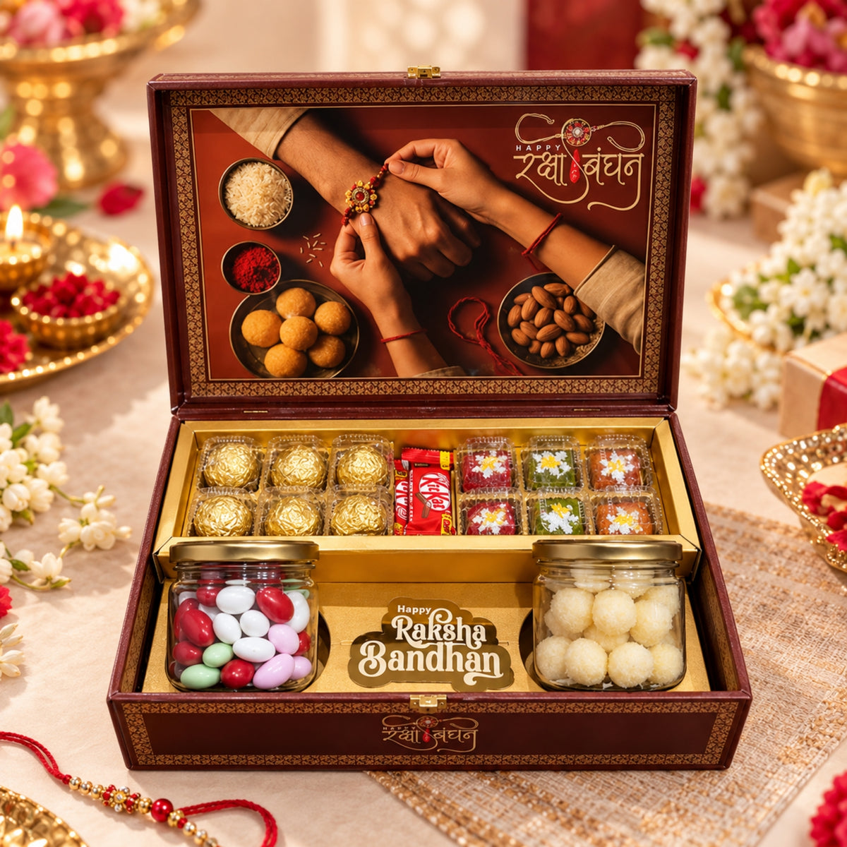 Rakhi Gift Hamper – Sweets, Chocolates & Rakhi Gift Box