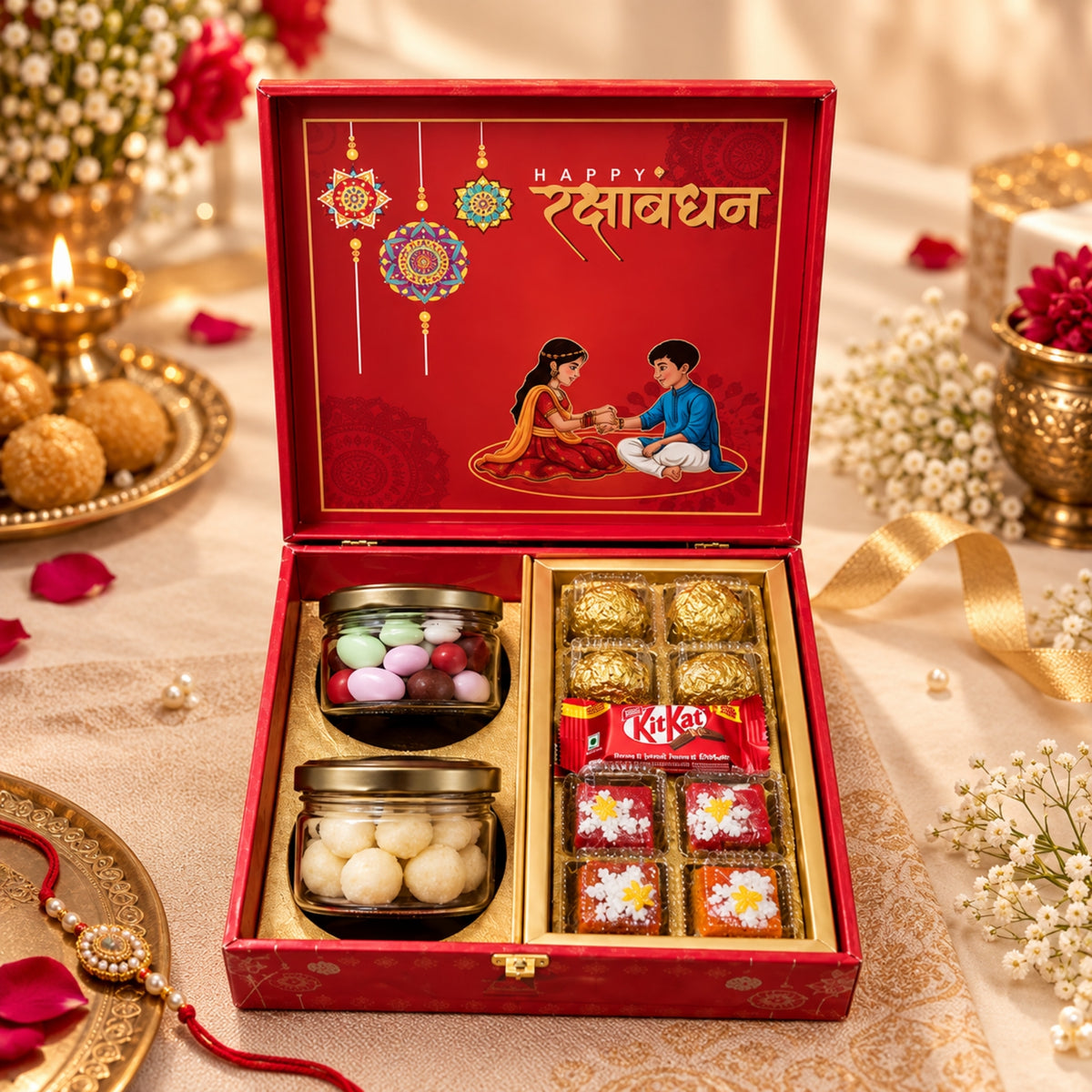 Rakhi Gift Hamper – Sweets, Chocolates & Rakhi Gift Box