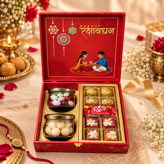 Rakhi Gift Hamper – Sweets, Chocolates & Rakhi Gift Box