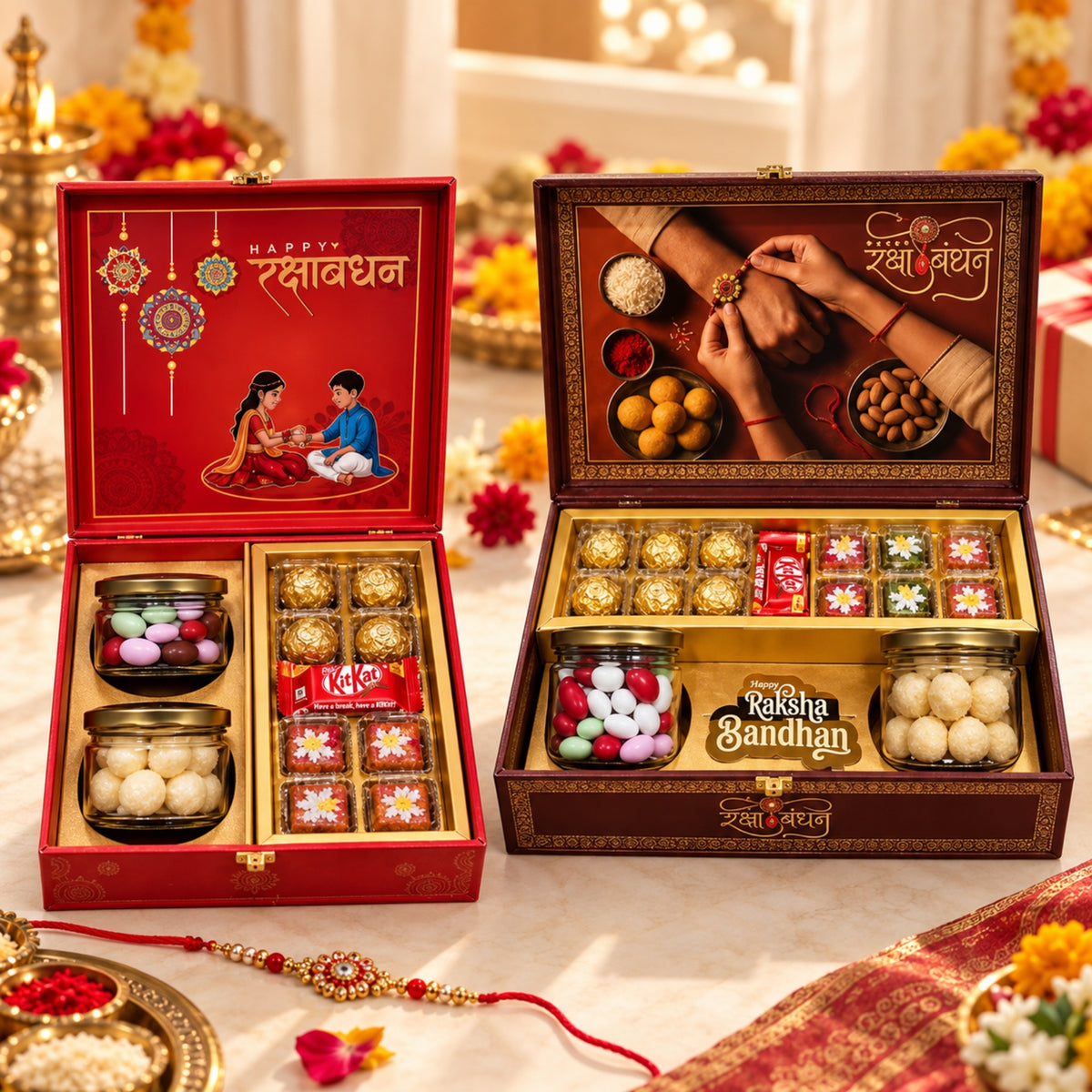 Rakhi Gift Hamper – Sweets, Chocolates & Rakhi Gift Box
